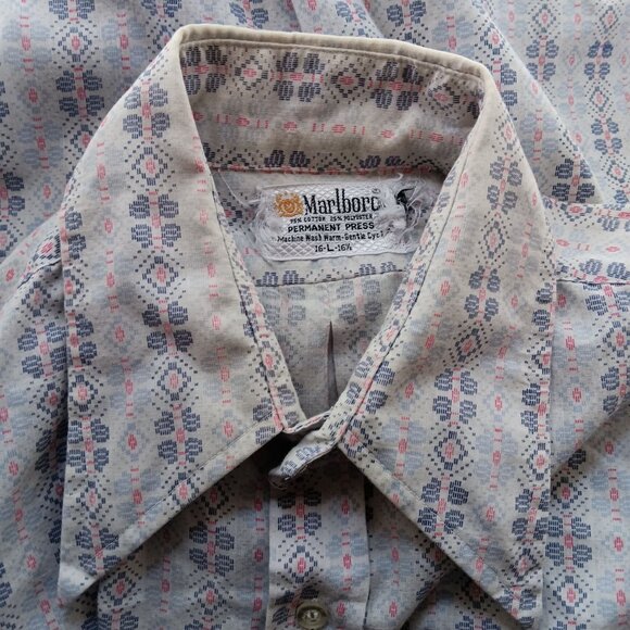 True Vintage Mens Shirt XL 70's Marlboro Geometric Pattern Buttery Distress Mod - Picture 7 of 8